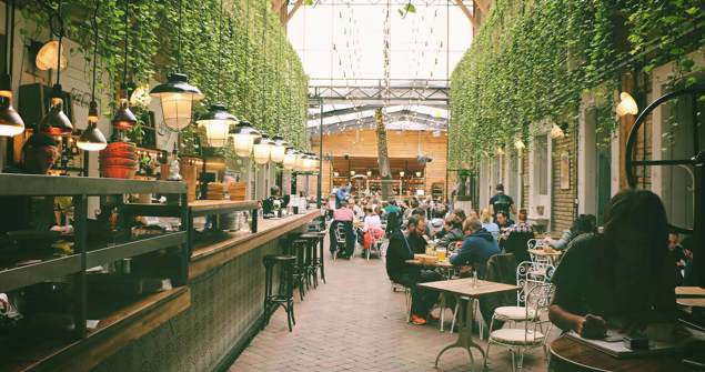 cinclus pharma bistro with greenery in the ceiling